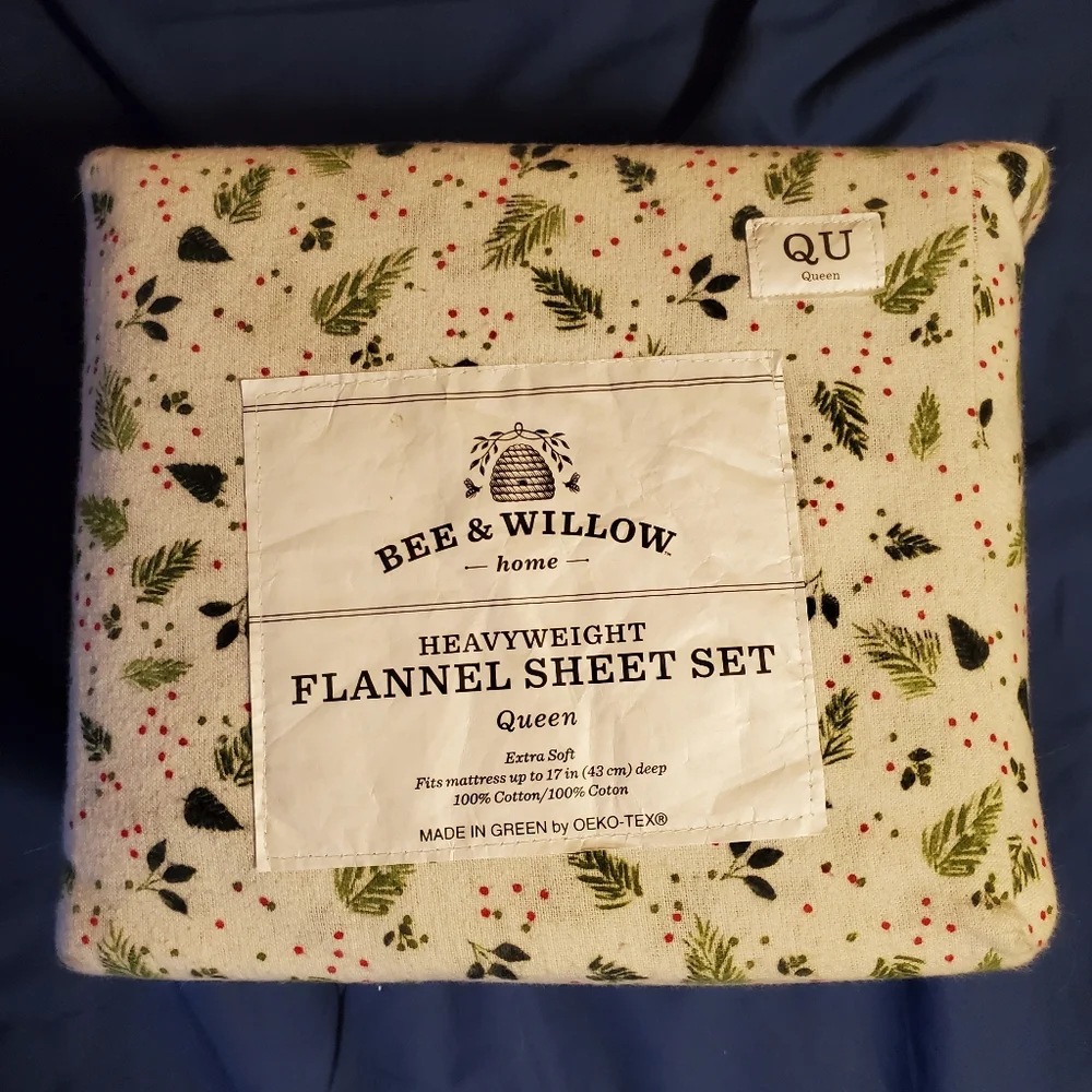 Bee & Willow Heavyweight Cotton Flannel Queen Sheet Set Christmas Foliage NEW
